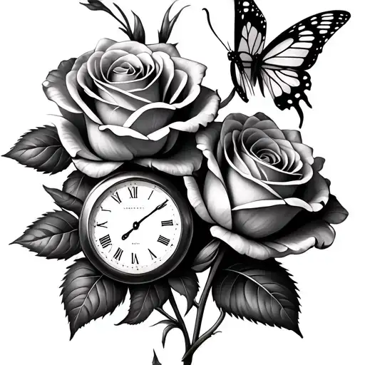 two roses with a clock and a butterfly on a tulip tattoo design idea