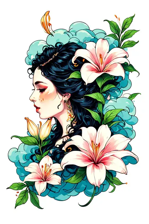 V. X. MCMLXXXVI clouds surrounding them and Lilly flowers tattoo design idea