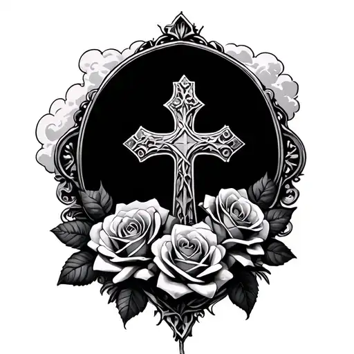 cross and roses with clouds surrounding tattoo design idea