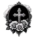 cross and roses with clouds surrounding tattoo design idea