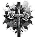 cross and roses with clouds surrounding tattoo design idea