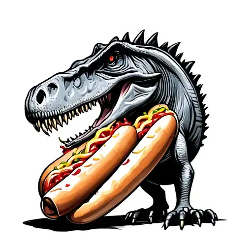 Dinosaur eating hot dog tattoo design idea