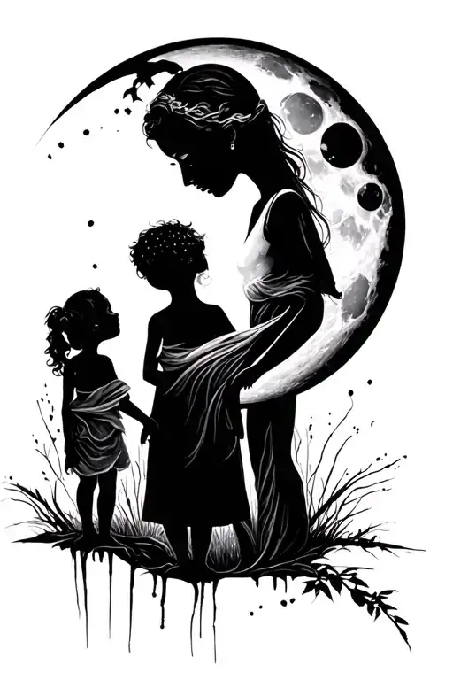 mother and 3 children The moon tattoo design idea