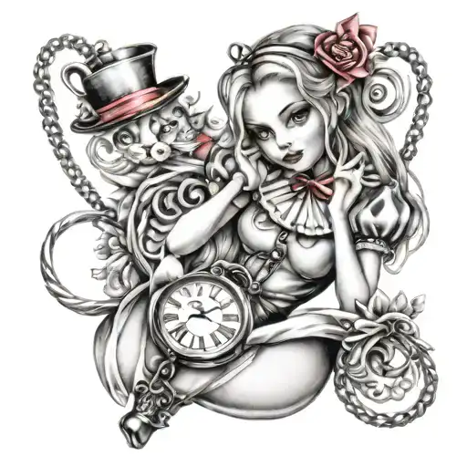 sexy Alice in wonderland with collar and leash with locket on  tattoo design idea