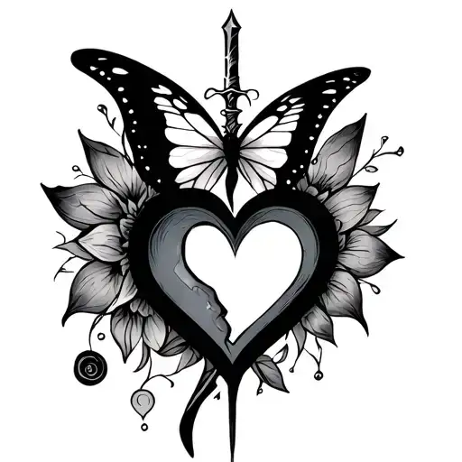 Broken heart, dagger, butterfly and semicolon butterfly tattoo design idea