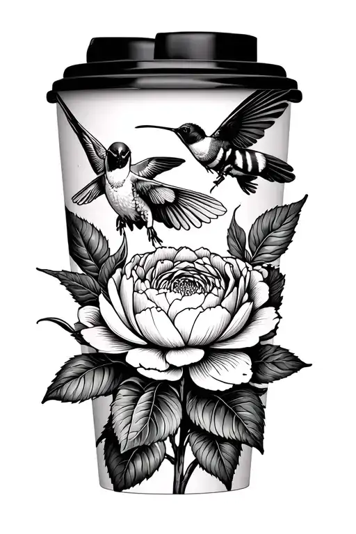 humming bird over coffee mug and bumble bee flying over peony tattoo design idea
