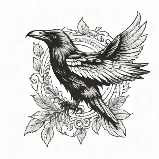 Crow with outstretched wings, dynamic posture and a golden laurel wreath on its head tattoo design idea
