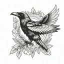 Crow with outstretched wings, dynamic posture and a golden laurel wreath on its head tattoo design idea