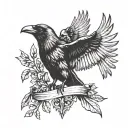 Crow with outstretched wings, dynamic posture and a golden laurel wreath on its head tattoo design idea