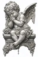 baby angel statue looking up praying with tears falling down its face tattoo design idea