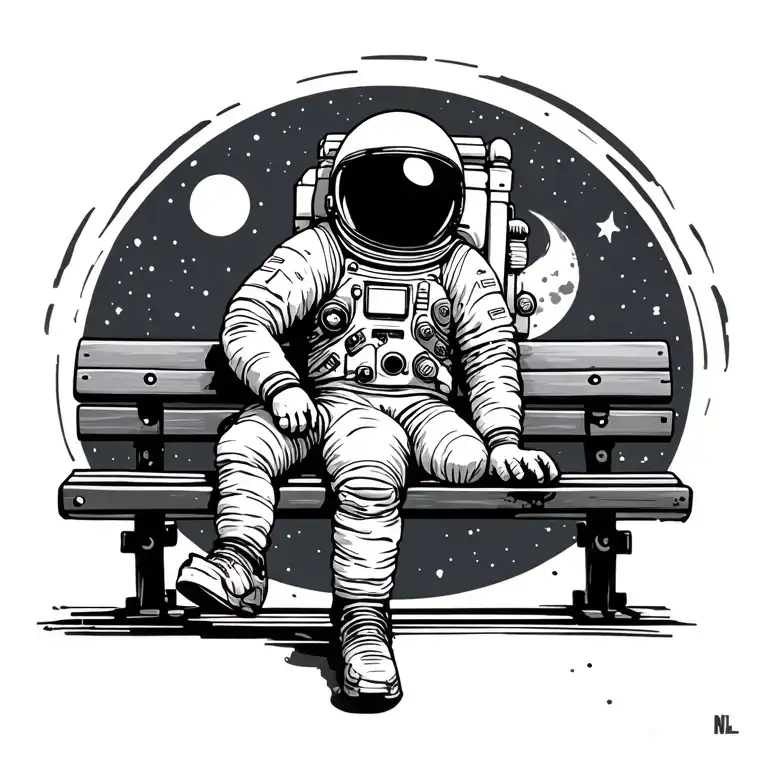 astronaut in space sitting on a park bench with a surprise twist tattoo design idea