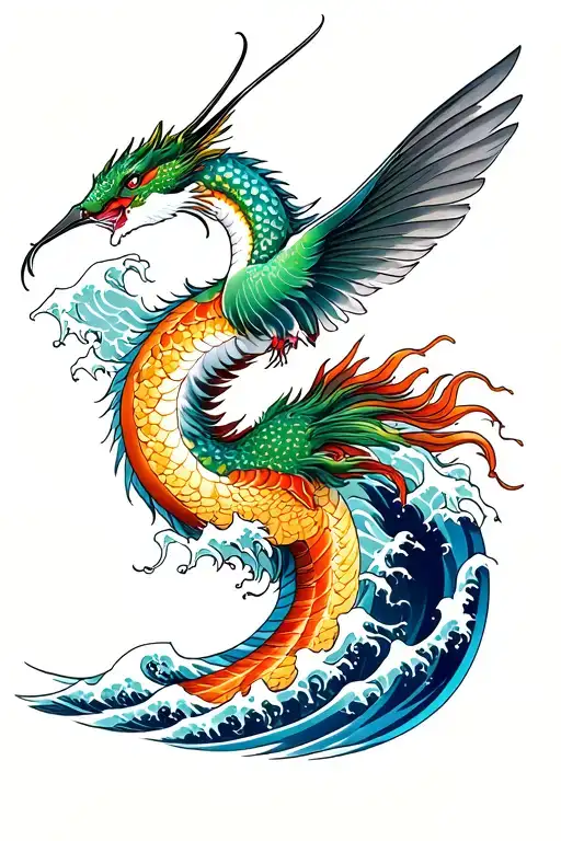 Japanese dragon great wave humming bird tattoo design idea