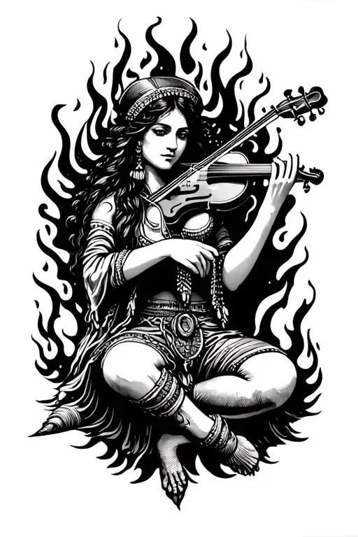 gypsy playing fiddle by fire tattoo design idea