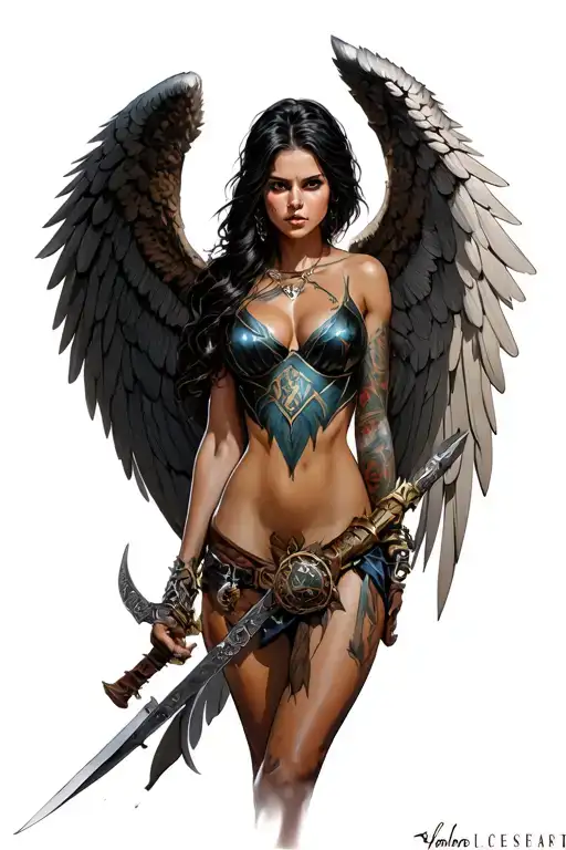 angel wing female warrior tattoo design idea