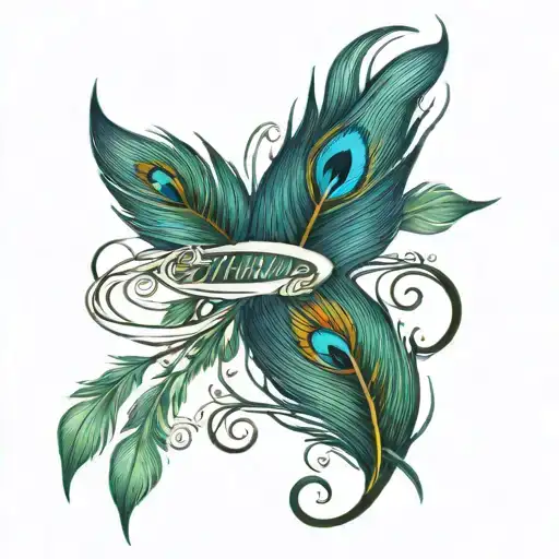 name with peacock feather intertwined tattoo design idea