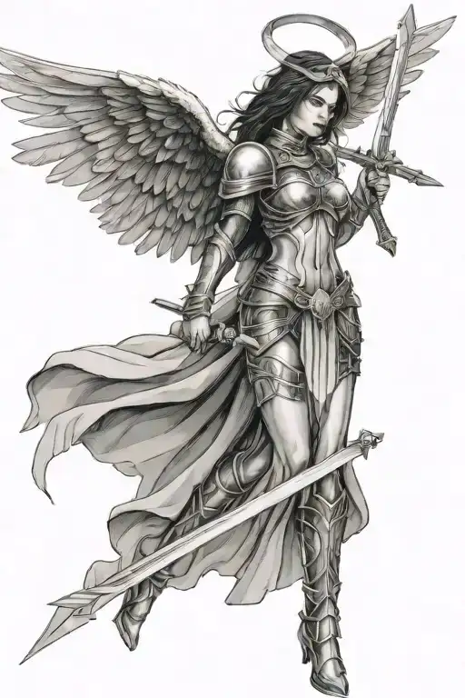 female warrior angel with wide wings folded wearing armor on, no helmet, halo, looking forward, short skirt, sword tattoo design idea