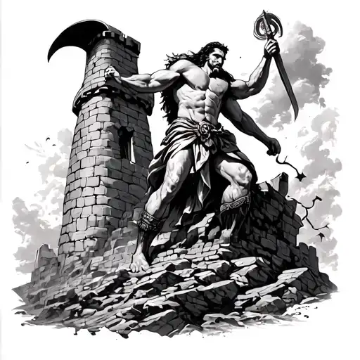 Samson taking down the tower tattoo design idea