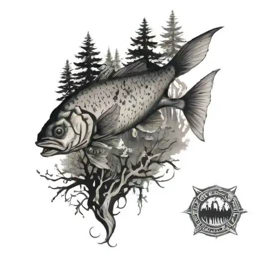 polish fisch in center of forest scene tattoo design idea