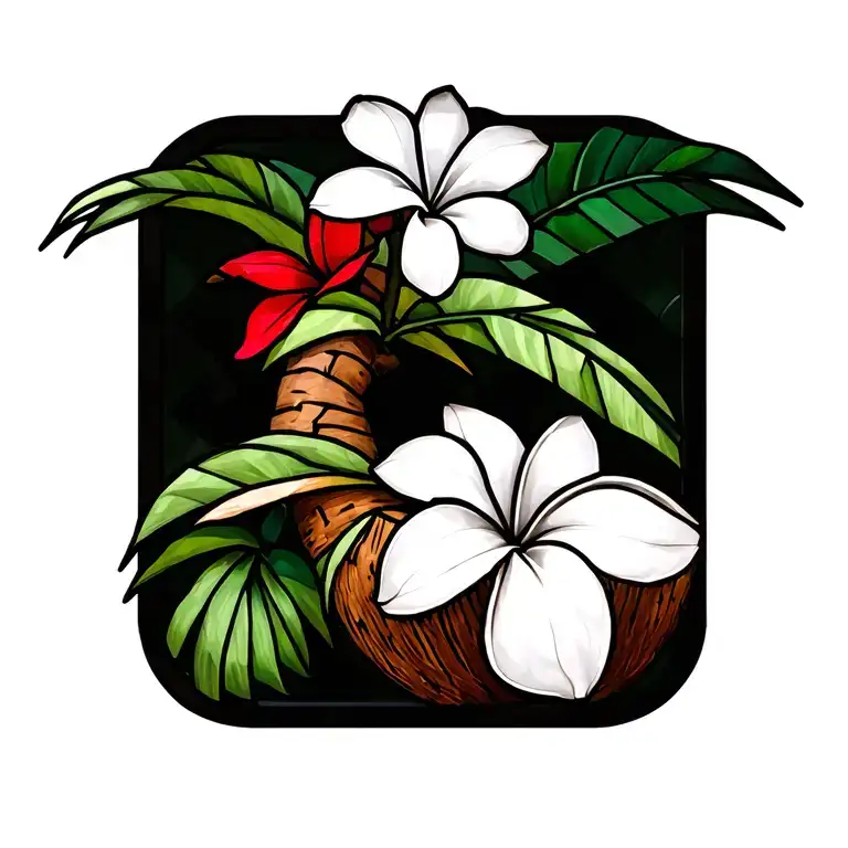 create a stained glass tattoo with a Red Frangipani and coconut palm tree tattoo design idea