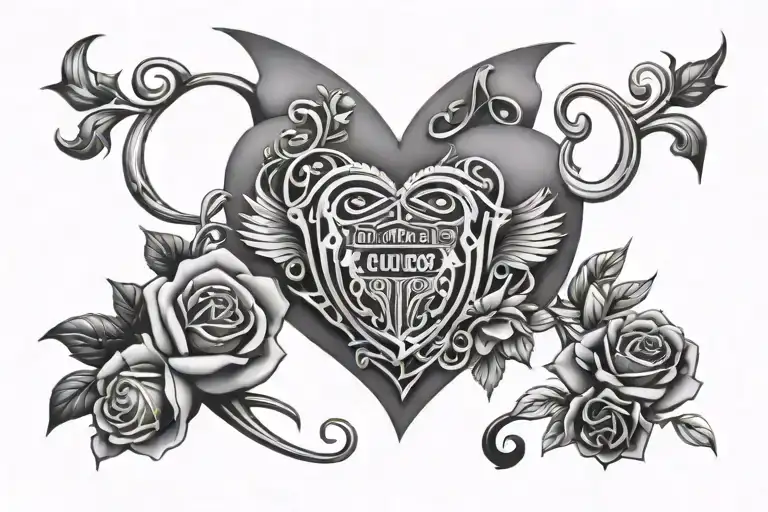 Harley Davidson emblem inside of heart surrounded by roses and tribal thorns tattoo design idea
