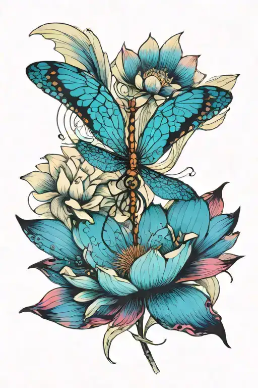 dragonfly resting on lotus flower tattoo design idea
