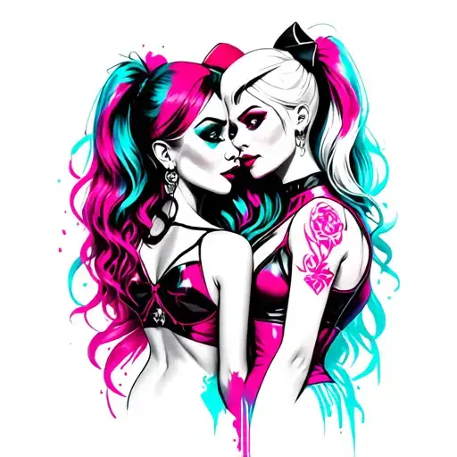 Tattoo design Harley Quinn and Jinx from Arcane, vibrant neon pink and blue, fine-lin tattoo design idea