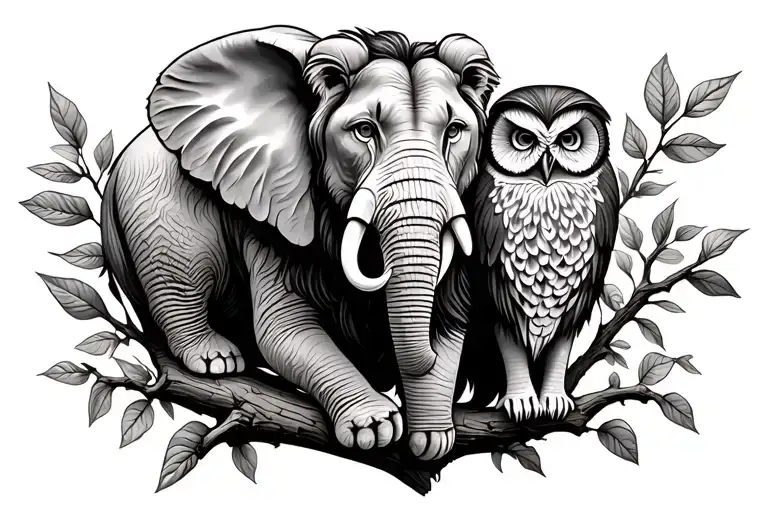 elephant, lion and owl perched on a branch representing tattoo design idea