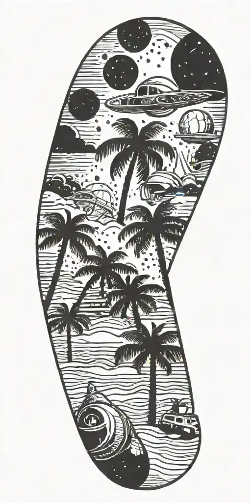 outer space, palm tree, galaxy, pyramid, shoal wintergreen dip can in the sand with a sunset, ray gun,  tattoo design idea