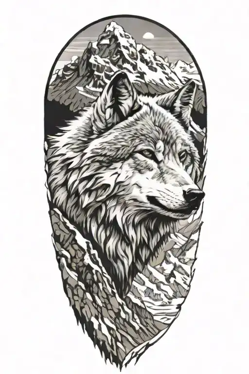 mountain range with wolf head tattoo design idea