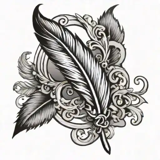 feather pen and scroll twining around a silouette tattoo design idea
