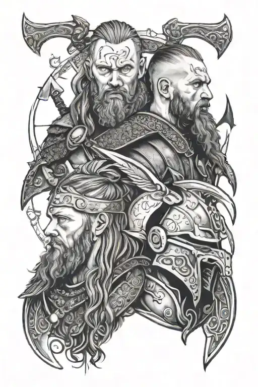 - Ragnar and agathar lothbrock portrait  - Viking battle axes - raven - Viking shields  tattoo design idea