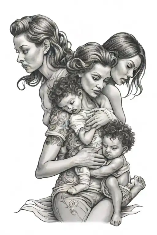 three women taking care of child tattoo design idea
