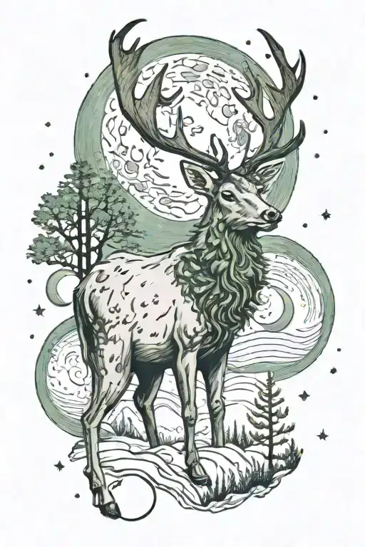 Reindeer beneath a starry sky with two moons barely overlapping, a smaller green moon and a larger white moon on shoulde tattoo design idea