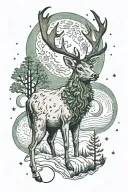 Reindeer beneath a starry sky with two moons barely overlapping, a smaller green moon and a larger white moon on shoulde tattoo design idea