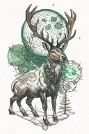 Reindeer beneath a starry sky with two moons barely overlapping, a smaller green moon and a larger white moon on shoulde tattoo design idea