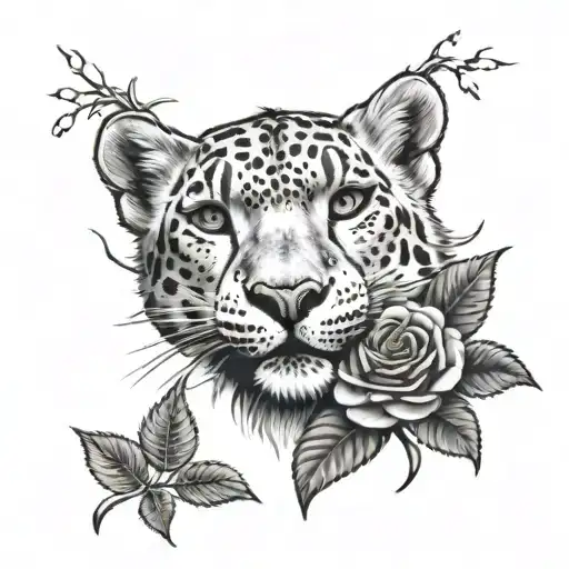 snow leopard head popping out of tree & a rose tattoo design idea