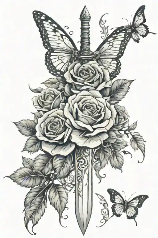 feminine sword with roses and butterflies  tattoo design idea