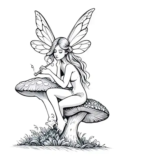 a fairy sitting on a mushroom smoking a joint tattoo design idea
