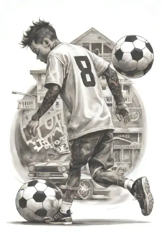 Boy walking backwards with soccer ball under his arm and an 8 on the back of his shirt and car in the background tattoo design idea