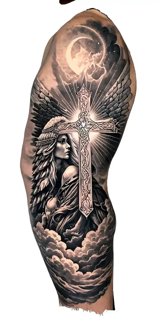 age of exploration, norse Valkyrie, clouds, rays, a cross,  tattoo design idea