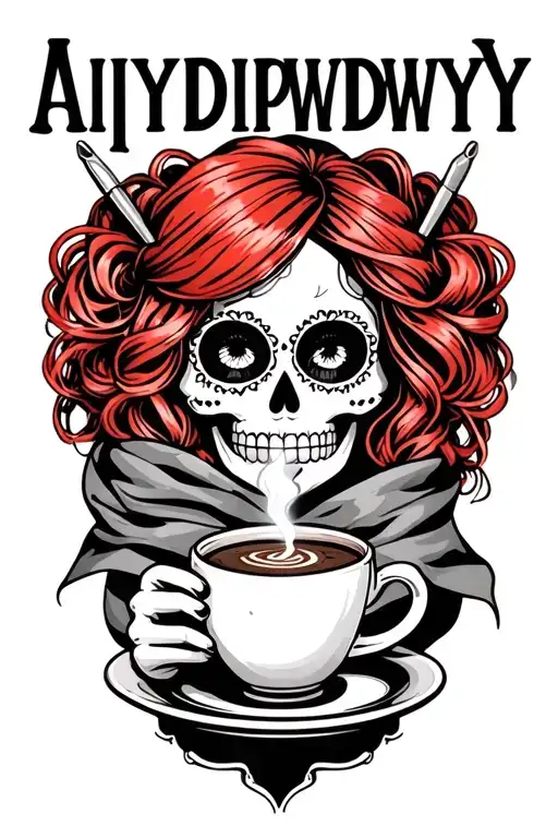 "AIYDIWDWY" "AIYDIWDWY" "AIYDIWDWY" sugar skull with red hair with crochet hooks, wearing a hair scarf holding a steaming coffee tattoo design idea