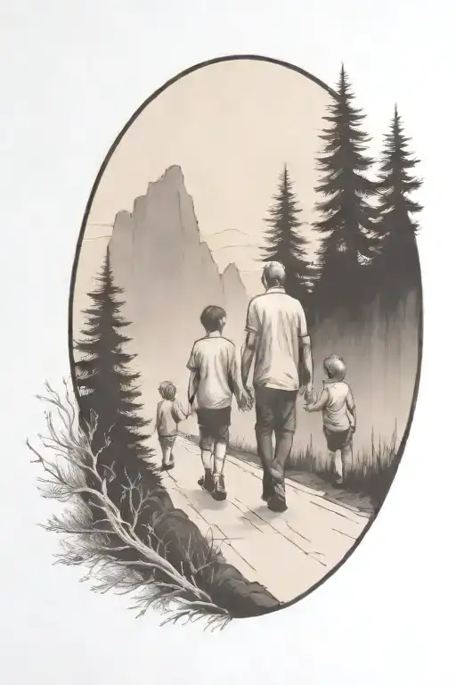 father in the middle holding hands with two small kids walking down the road with forest and cliffs in background tattoo design idea