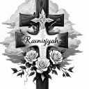 cross with clouds and lightning with the name raniyah on it with roses ad bible verse  tattoo design idea