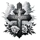 cross with clouds and lightning with the name raniyah on it with roses ad bible verse  tattoo design idea