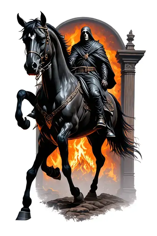 A dark reaper riding on a demonic horse. In the background of the gate of hell and fits, a lot of contrast and light tattoo design idea