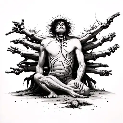 man contorted his body into a human totem pole, all bones broken, surreal, inspired by junji ito uzumaki, in the desert tattoo design idea