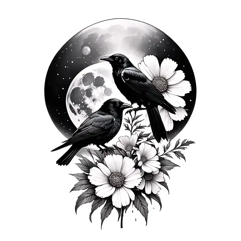 Cosmos and marigolds and raven with waxing gibbous moon tattoo design idea