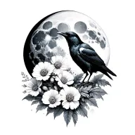 Cosmos and marigolds and raven with waxing gibbous moon tattoo design idea