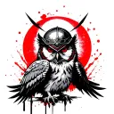 predatory owl with an iron helmet, in the Japanese style, red and black colors, behind the wings the sun and the moon tattoo design idea