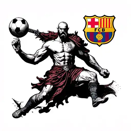 Combine the FC Barcelona crest with elements from the God of War franchise, such as Kratos wielding a soccer ball instead of his usual weapon, in a dotwork style for a modern twist tattoo design idea